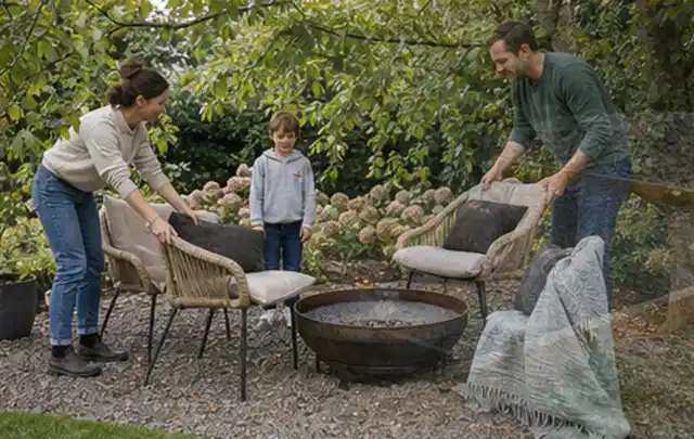 Familie stellt wetterfeste Sessel an einem geschützten Sitzplatz im Garten auf; Thema Hanggarten, Schwerpunkt Inspiration; Ausgangslage.