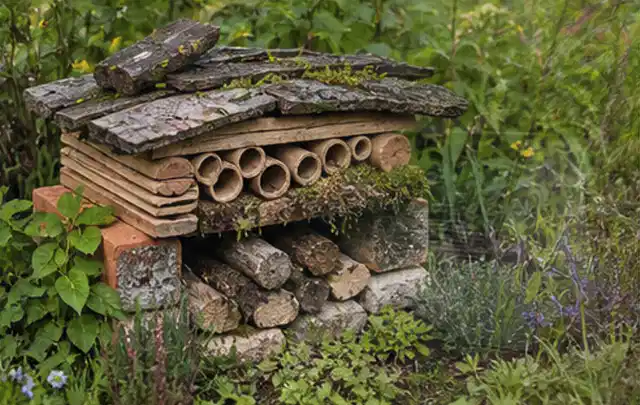 Naturnaher Unterschlupf aus Holz Rinde und Pflanzenstängeln im Garten; Thema Hanggarten, Schwerpunkt Inspiration; Kontrolle.