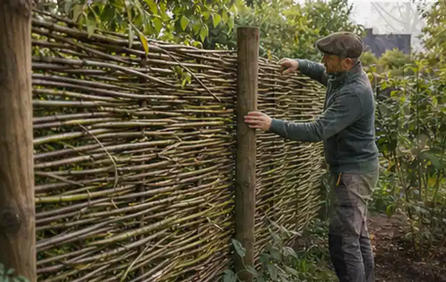Person befestigt geflochtene Weidenruten an stabilen Holzpfosten im Garten; Thema Hanggarten, Schwerpunkt Inspiration; Ergebnis.