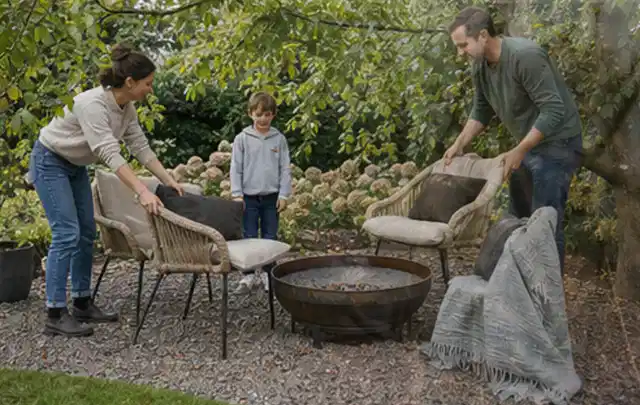 Familie stellt wetterfeste Sessel an einem geschützten Sitzplatz im Garten auf; Thema Hanggarten, Schwerpunkt Kosten; Kontrolle.