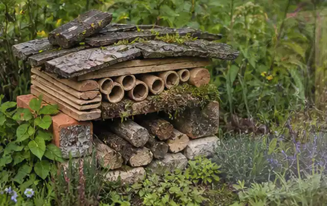 Naturnaher Unterschlupf aus Holz Rinde und Pflanzenstängeln im Garten; Thema Hanggarten, Schwerpunkt Kosten; Ergebnis.