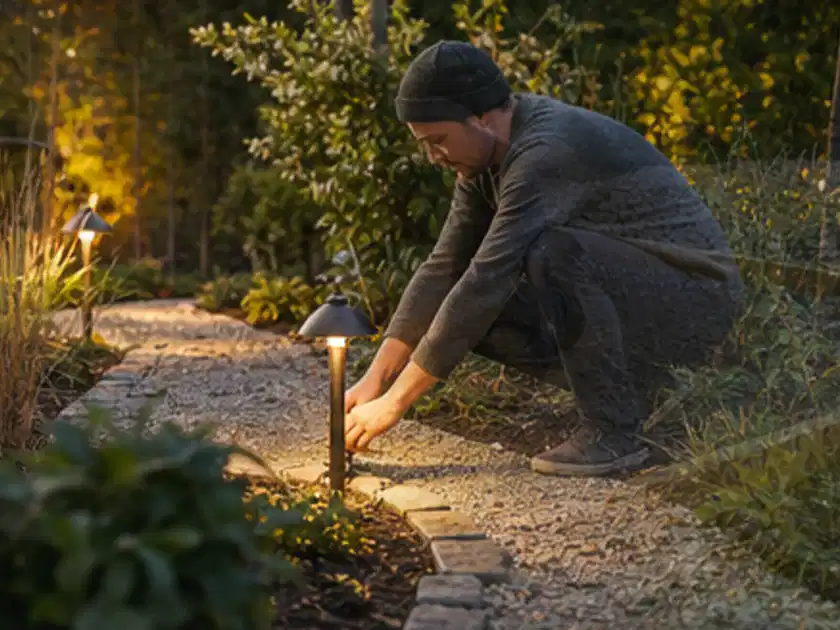 Person richtet eine niedrige warm leuchtende Gartenlampe am Kiesweg aus; Thema Hanggarten, Schwerpunkt Materialwahl; Titelbild.