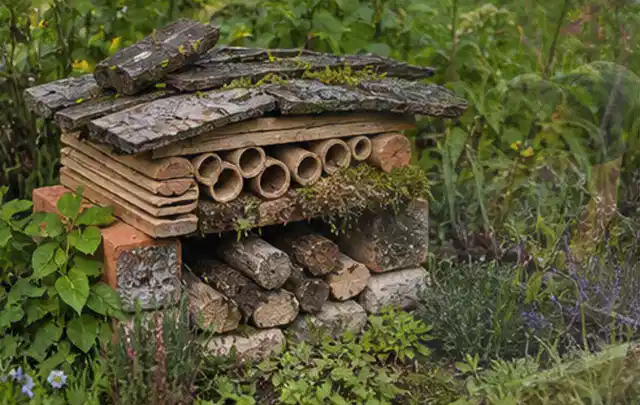 Naturnaher Unterschlupf aus Holz Rinde und Pflanzenstängeln im Garten; Thema Hanggarten, Schwerpunkt Materialwahl; Ausgangslage.