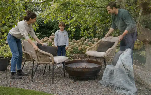 Familie stellt wetterfeste Sessel an einem geschützten Sitzplatz im Garten auf; Thema Hanggarten, Schwerpunkt Materialwahl; Kontrolle.