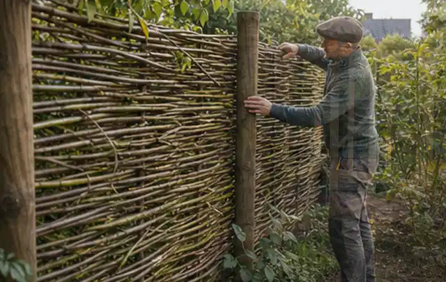 Person befestigt geflochtene Weidenruten an stabilen Holzpfosten im Garten; Thema Hanggarten, Schwerpunkt Materialwahl; Ergebnis.