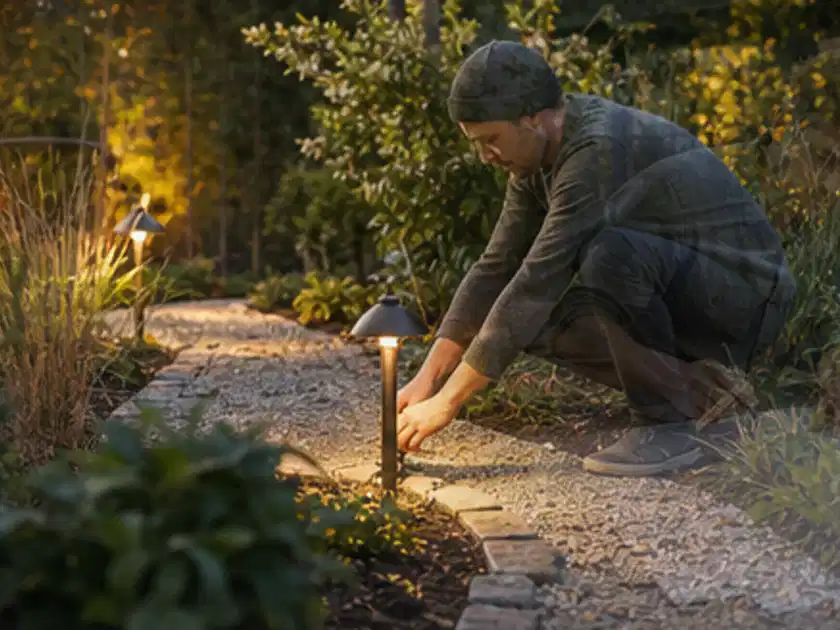 Person richtet eine niedrige warm leuchtende Gartenlampe am Kiesweg aus; Thema Hanggarten, Schwerpunkt Naturgarten; Titelbild.