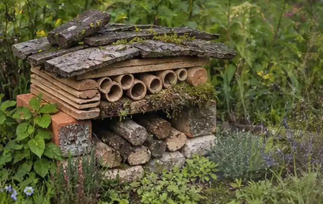 Naturnaher Unterschlupf aus Holz Rinde und Pflanzenstängeln im Garten; Thema Hanggarten, Schwerpunkt Naturgarten; Ausgangslage.