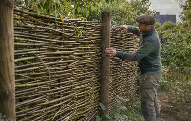 Person befestigt geflochtene Weidenruten an stabilen Holzpfosten im Garten; Thema Hanggarten, Schwerpunkt Naturgarten; Umsetzung.