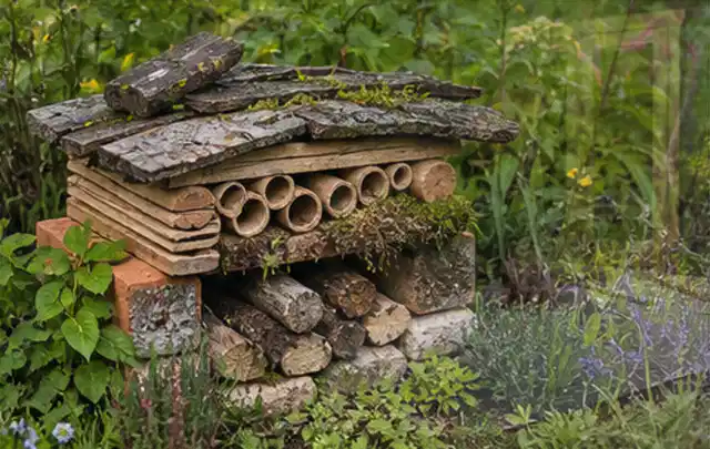 Naturnaher Unterschlupf aus Holz Rinde und Pflanzenstängeln im Garten; Thema Hanggarten, Schwerpunkt Pflegeleichtigkeit; Umsetzung.