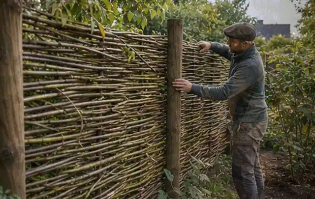 Person befestigt geflochtene Weidenruten an stabilen Holzpfosten im Garten; Thema Hanggarten, Schwerpunkt Pflegeleichtigkeit; Kontrolle.