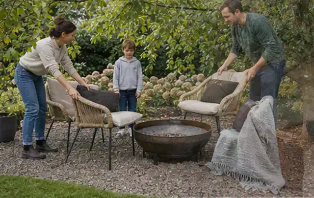 Familie stellt wetterfeste Sessel an einem geschützten Sitzplatz im Garten auf; Thema Hanggarten, Schwerpunkt Pflegeleichtigkeit; Praxisalltag.