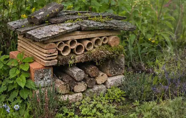 Naturnaher Unterschlupf aus Holz Rinde und Pflanzenstängeln im Garten; Thema Hanggarten, Schwerpunkt Planung; Kontrolle.