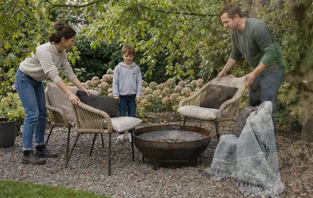 Familie stellt wetterfeste Sessel an einem geschützten Sitzplatz im Garten auf; Thema Hanggarten, Schwerpunkt Planung; Ergebnis.