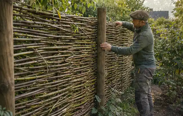 Person befestigt geflochtene Weidenruten an stabilen Holzpfosten im Garten; Thema Hanggarten, Schwerpunkt Planung; Praxisalltag.
