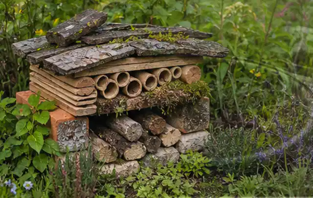 Naturnaher Unterschlupf aus Holz Rinde und Pflanzenstängeln im Garten; Thema Hanggarten, Schwerpunkt Praxisbeispiele; Ergebnis.