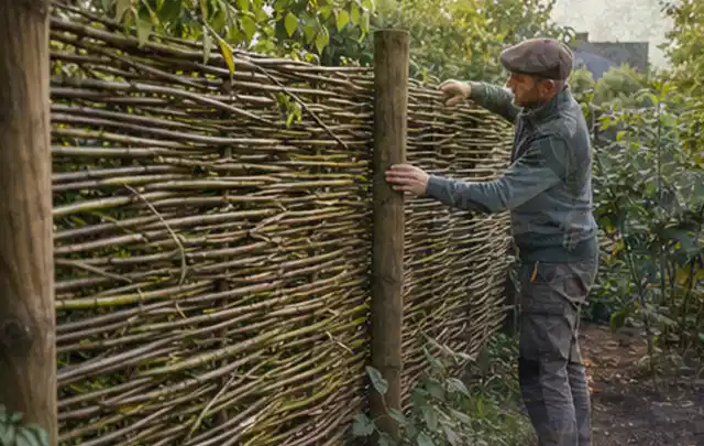 Person befestigt geflochtene Weidenruten an stabilen Holzpfosten im Garten; Thema Hanggarten, Schwerpunkt Praxisbeispiele; Praxisalltag.