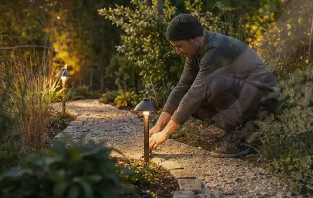 Person richtet eine niedrige warm leuchtende Gartenlampe am Kiesweg aus; Thema Hanggarten, Schwerpunkt Privatsphäre; Ergebnis.