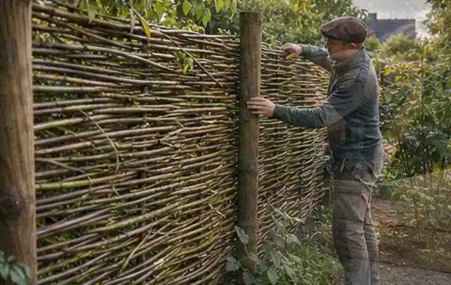 Person befestigt geflochtene Weidenruten an stabilen Holzpfosten im Garten; Thema Hanggarten, Schwerpunkt Wegeführung; Ausgangslage.