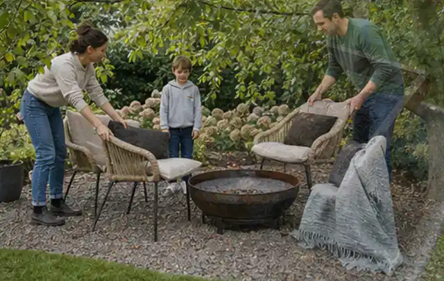 Familie stellt wetterfeste Sessel an einem geschützten Sitzplatz im Garten auf; Thema Hanggarten, Schwerpunkt Wegeführung; Kontrolle.
