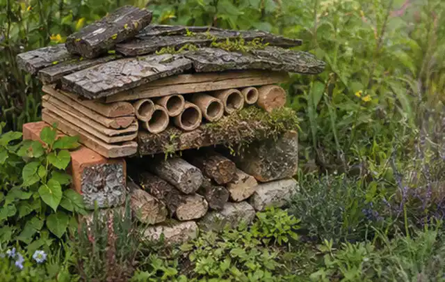 Naturnaher Unterschlupf aus Holz Rinde und Pflanzenstängeln im Garten; Thema Hanggarten, Schwerpunkt Wegeführung; Praxisalltag.