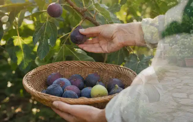 Hand pflückt eine reife Feige über einem flachen Korb mit Früchten; Thema Haselnuss, Schwerpunkt Boden; Ergebnis.