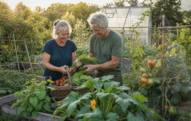Zwei Personen ernten gemeinsam Gemüse in einem sonnigen Nutzgarten; Thema Haselnuss, Schwerpunkt Einsteigerwissen; Ergebnis.
