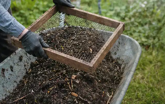 Behandschuhte Hände sieben reifen Kompost über einer Gartenschubkarre; Thema Haselnuss, Schwerpunkt Ernteprobleme; Kontrolle.