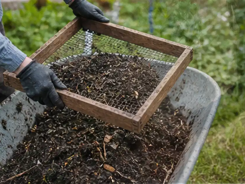 Behandschuhte Hände sieben reifen Kompost über einer Gartenschubkarre; Thema Haselnuss, Schwerpunkt Gewächshaus; Titelbild.