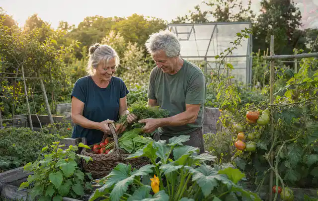 Zwei Personen ernten gemeinsam Gemüse in einem sonnigen Nutzgarten; Thema Haselnuss, Schwerpunkt Hochbeet; Umsetzung.