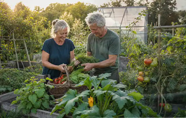 Zwei Personen ernten gemeinsam Gemüse in einem sonnigen Nutzgarten; Thema Haselnuss, Schwerpunkt Pflanzenschutz; Umsetzung.