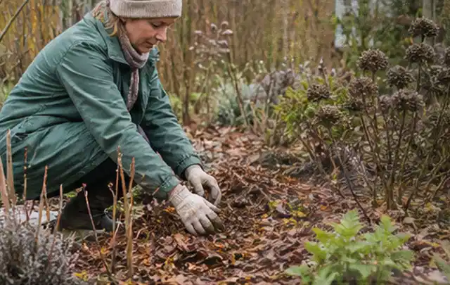 Person verteilt eine schützende Mulchschicht zwischen winterlichen Stauden; Thema Heckenpflanzen, Schwerpunkt Boden; Umsetzung.