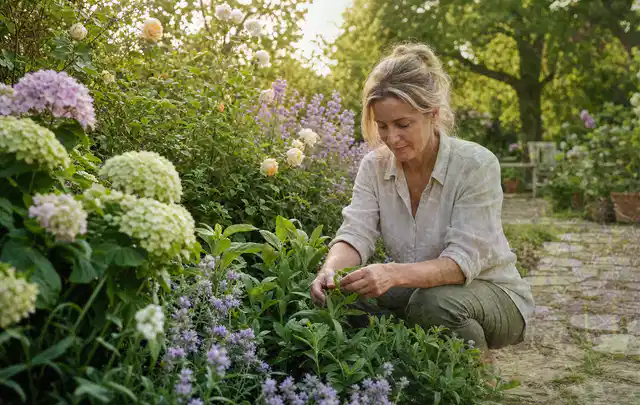 Person pflegt üppige Pflanzen in einem natürlich beleuchteten Garten; Thema Heckenpflanzen, Schwerpunkt Boden; Praxisalltag.
