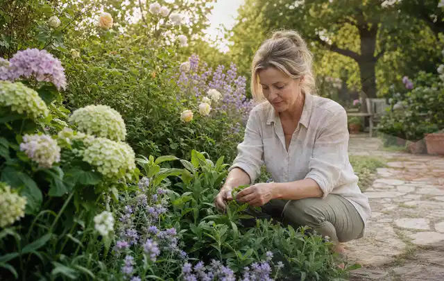 Person pflegt üppige Pflanzen in einem natürlich beleuchteten Garten; Thema Heckenpflanzen, Schwerpunkt Düngung; Kontrolle.