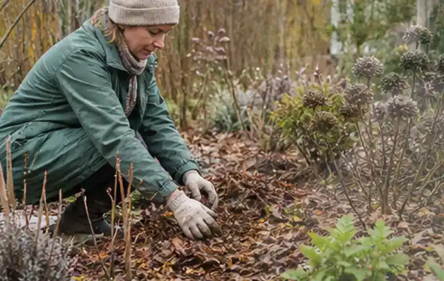 Person verteilt eine schützende Mulchschicht zwischen winterlichen Stauden; Thema Heckenpflanzen, Schwerpunkt Fehlerhilfe; Kontrolle.