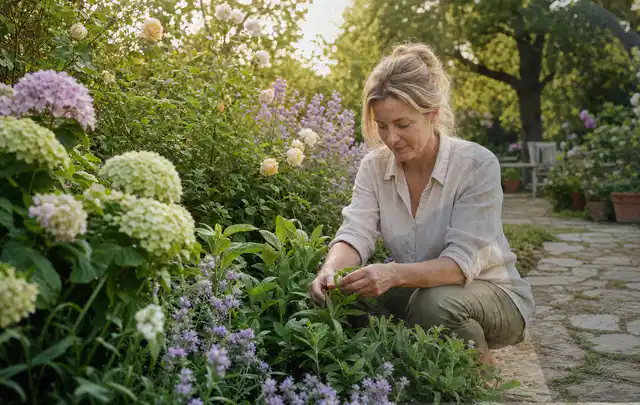 Person pflegt üppige Pflanzen in einem natürlich beleuchteten Garten; Thema Heckenpflanzen, Schwerpunkt Gartenpraxis; Ausgangslage.