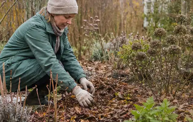 Person verteilt eine schützende Mulchschicht zwischen winterlichen Stauden; Thema Heckenpflanzen, Schwerpunkt Gartenpraxis; Kontrolle.