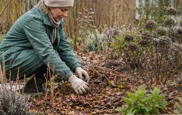 Person verteilt eine schützende Mulchschicht zwischen winterlichen Stauden; Thema Heckenpflanzen, Schwerpunkt Kaufberatung; Ausgangslage.