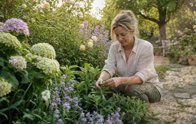Person pflegt üppige Pflanzen in einem natürlich beleuchteten Garten; Thema Heckenpflanzen, Schwerpunkt Pflanzengesundheit; Praxisalltag.