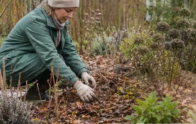 Person verteilt eine schützende Mulchschicht zwischen winterlichen Stauden; Thema Heckenpflanzen, Schwerpunkt Pflanzenschutz; Ergebnis.