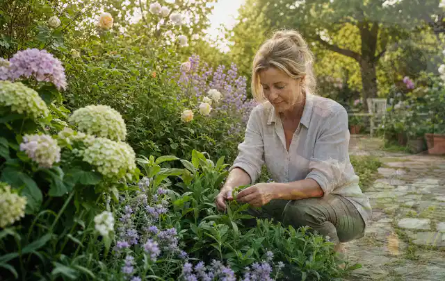 Person pflegt üppige Pflanzen in einem natürlich beleuchteten Garten; Thema Heckenpflanzen, Schwerpunkt Rückschnitt; Ergebnis.