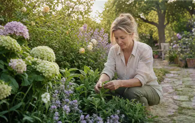 Person pflegt üppige Pflanzen in einem natürlich beleuchteten Garten; Thema Heckenpflanzen, Schwerpunkt Topfkultur; Ausgangslage.