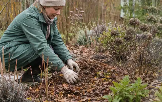 Person verteilt eine schützende Mulchschicht zwischen winterlichen Stauden; Thema Heckenpflanzen, Schwerpunkt Topfkultur; Ergebnis.