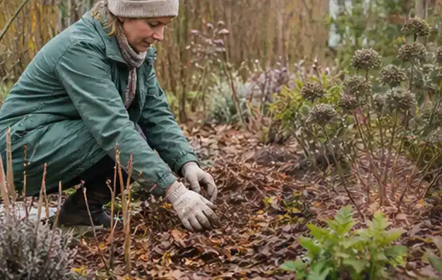 Person verteilt eine schützende Mulchschicht zwischen winterlichen Stauden; Thema Heckenpflanzen, Schwerpunkt Winterpflege; Umsetzung.