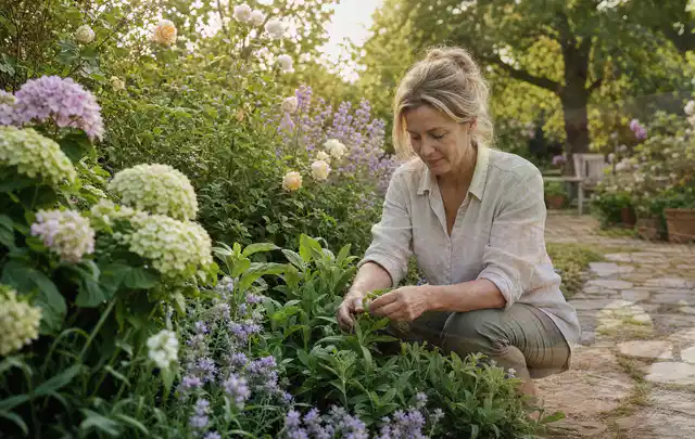 Person pflegt üppige Pflanzen in einem natürlich beleuchteten Garten; Thema Heckenpflanzen, Schwerpunkt Winterpflege; Praxisalltag.