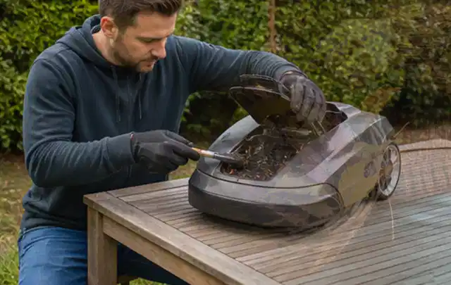 Person wartet einen geöffneten Mähroboter auf einem stabilen Gartentisch; Thema Heckenscheren, Schwerpunkt Anwendung; Praxisalltag.