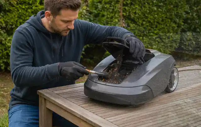 Person wartet einen geöffneten Mähroboter auf einem stabilen Gartentisch; Thema Heckenscheren, Schwerpunkt Bestenliste; Ausgangslage.