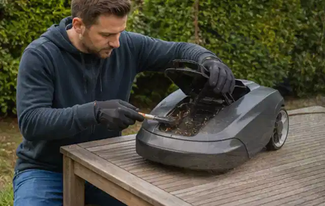 Person wartet einen geöffneten Mähroboter auf einem stabilen Gartentisch; Thema Heckenscheren, Schwerpunkt Checkliste; Praxisalltag.