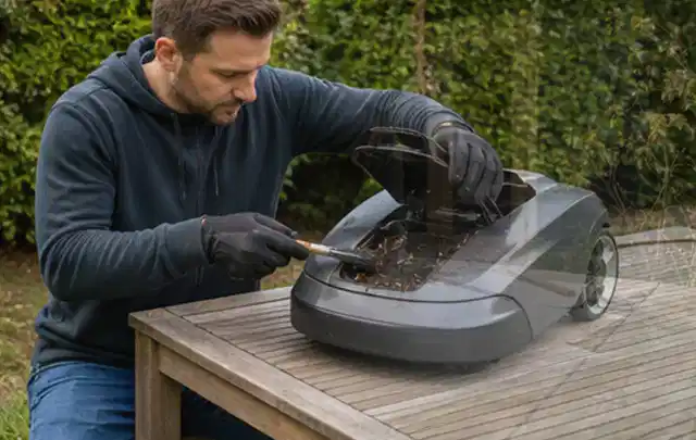 Person wartet einen geöffneten Mähroboter auf einem stabilen Gartentisch; Thema Heckenscheren, Schwerpunkt Ersatzteile; Kontrolle.