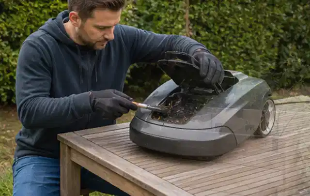 Person wartet einen geöffneten Mähroboter auf einem stabilen Gartentisch; Thema Heckenscheren, Schwerpunkt Fehlerhilfe; Ausgangslage.