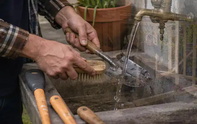 Hände reinigen gebrauchte Gartengeräte mit Bürste und Wasser am Außenbecken; Thema Heckenscheren, Schwerpunkt Fehlerhilfe; Praxisalltag.